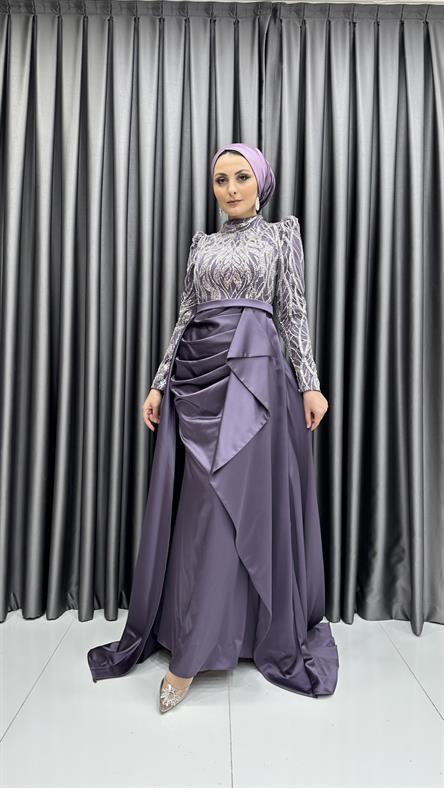 4659 H - Boncuk İşlemeli ve Ek Etek Detaylı Abiye Elbise-Lila