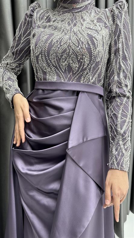 4659 H - Boncuk İşlemeli ve Ek Etek Detaylı Abiye Elbise-Lila