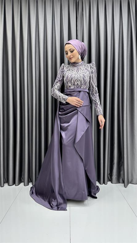 4659 H - Boncuk İşlemeli ve Ek Etek Detaylı Abiye Elbise-Lila