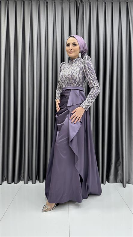 4659 H - Boncuk İşlemeli ve Ek Etek Detaylı Abiye Elbise-Lila