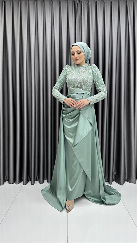 4659 H - Boncuk İşlemeli ve Ek Etek Detaylı Abiye Elbise-Mint