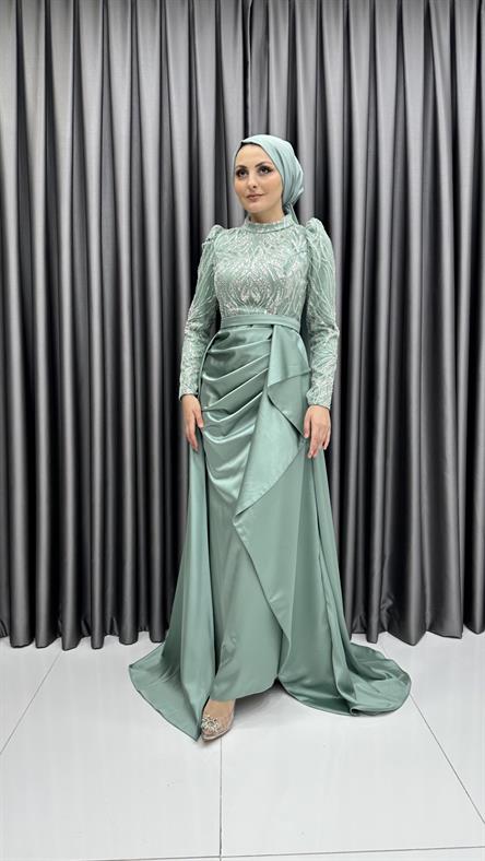 4659 H - Boncuk İşlemeli ve Ek Etek Detaylı Abiye Elbise-Mint
