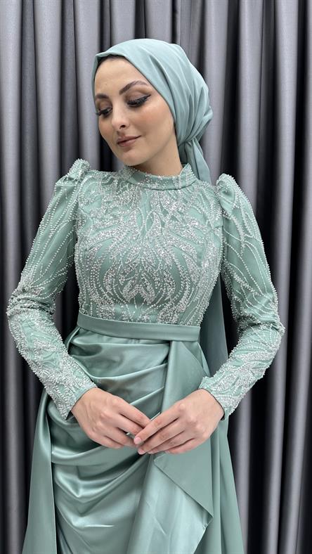 4659 H - Boncuk İşlemeli ve Ek Etek Detaylı Abiye Elbise-Mint