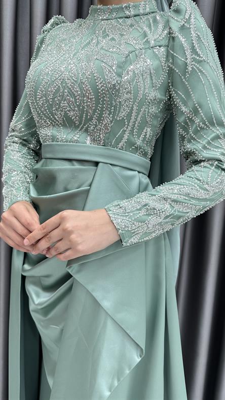 4659 H - Boncuk İşlemeli ve Ek Etek Detaylı Abiye Elbise-Mint