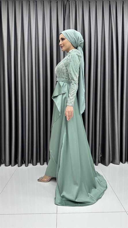 4659 H - Boncuk İşlemeli ve Ek Etek Detaylı Abiye Elbise-Mint