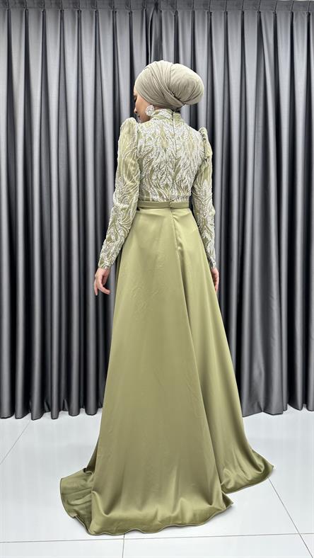 4659 H - Boncuk İşlemeli ve Ek Etek Detaylı Abiye Elbise-Yağ Yeşili