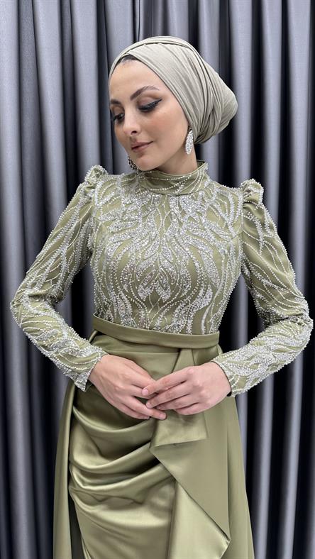 4659 H - Boncuk İşlemeli ve Ek Etek Detaylı Abiye Elbise-Yağ Yeşili