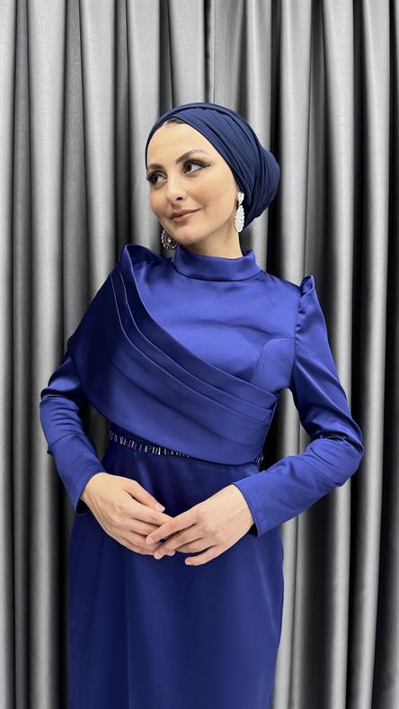 4660 H - Karpuz Kollu ve Pileli Ek Parça Detaylı Saten Abiye Elbise-Saks Mavi