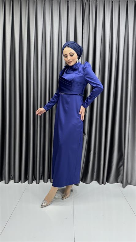 4660 H - Karpuz Kollu ve Pileli Ek Parça Detaylı Saten Abiye Elbise-Saks Mavi