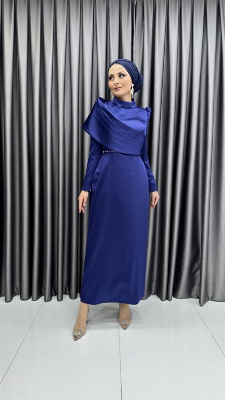 4660 H - Karpuz Kollu ve Pileli Ek Parça Detaylı Saten Abiye Elbise-Saks Mavi