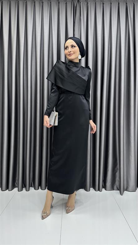 4660 H - Karpuz Kollu ve Pileli Ek Parça Detaylı Saten Abiye Elbise-Siyah
