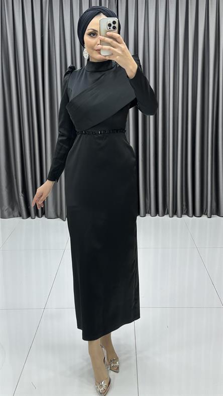 4660 H - Karpuz Kollu ve Pileli Ek Parça Detaylı Saten Abiye Elbise-Siyah
