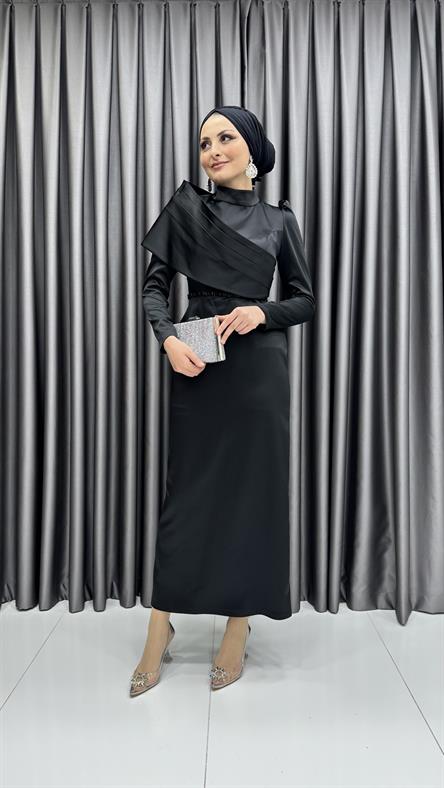 4660 H - Karpuz Kollu ve Pileli Ek Parça Detaylı Saten Abiye Elbise-Siyah