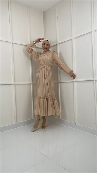 4670 S – Fırfır Detaylı Şifon Elbise-Bej