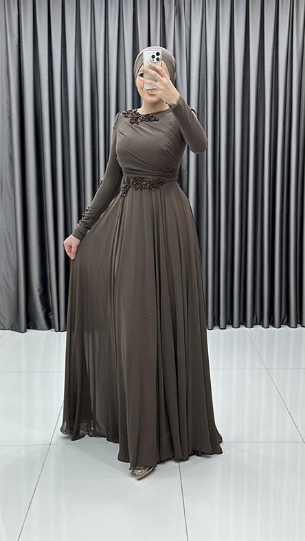 4690 F Abiye Elbise-Kahve Rengi