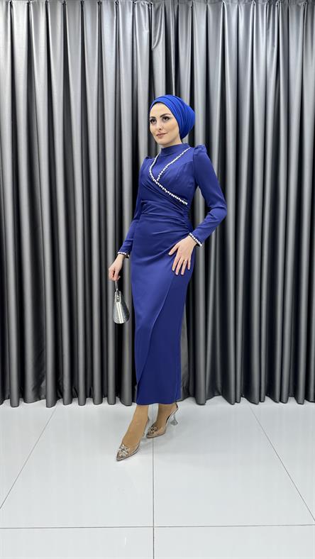 4711 H - ADEL Taş Detaylı ve Bel Drapeli Mat Saten Abiye Elbise-Saks Mavi
