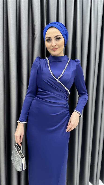 4711 H - ADEL Taş Detaylı ve Bel Drapeli Mat Saten Abiye Elbise-Saks Mavi