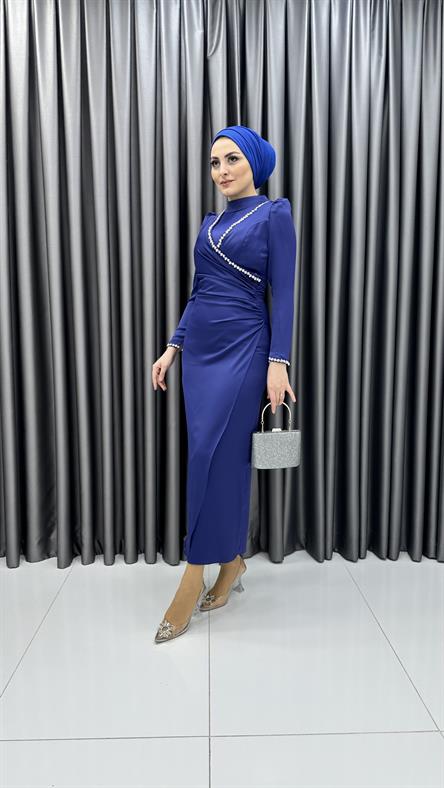 4711 H - ADEL Taş Detaylı ve Bel Drapeli Mat Saten Abiye Elbise-Saks Mavi