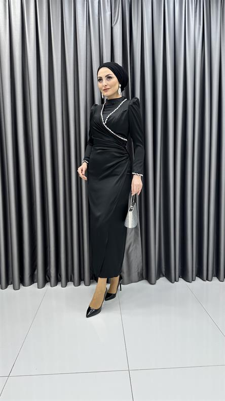 4711 H - ADEL Taş Detaylı ve Bel Drapeli Mat Saten Abiye Elbise-Siyah