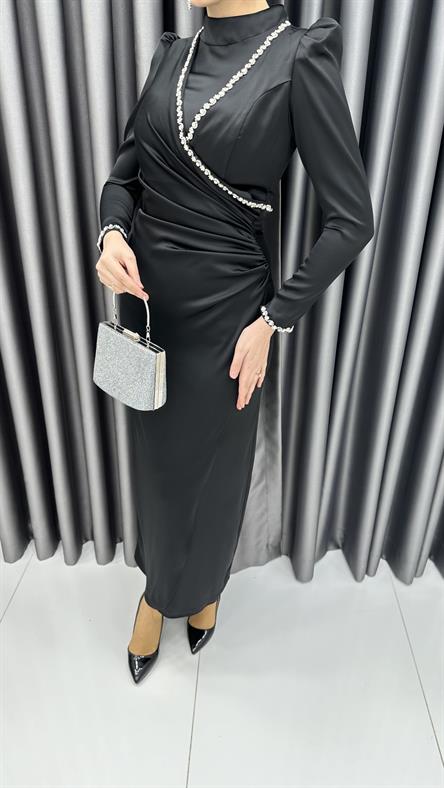 4711 H - ADEL Taş Detaylı ve Bel Drapeli Mat Saten Abiye Elbise-Siyah