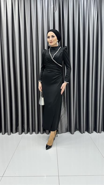 4711 H - ADEL Taş Detaylı ve Bel Drapeli Mat Saten Abiye Elbise-Siyah