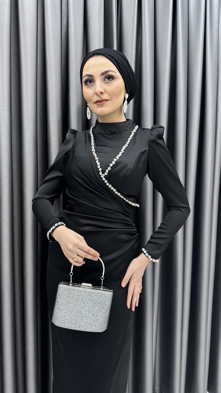 4711 H - ADEL Taş Detaylı ve Bel Drapeli Mat Saten Abiye Elbise-Siyah