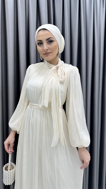 4728 H - DİANA Boyundan Bağlama Detaylı Balon Kollu Janjan Kumaş Abiye Elbise-Ekru