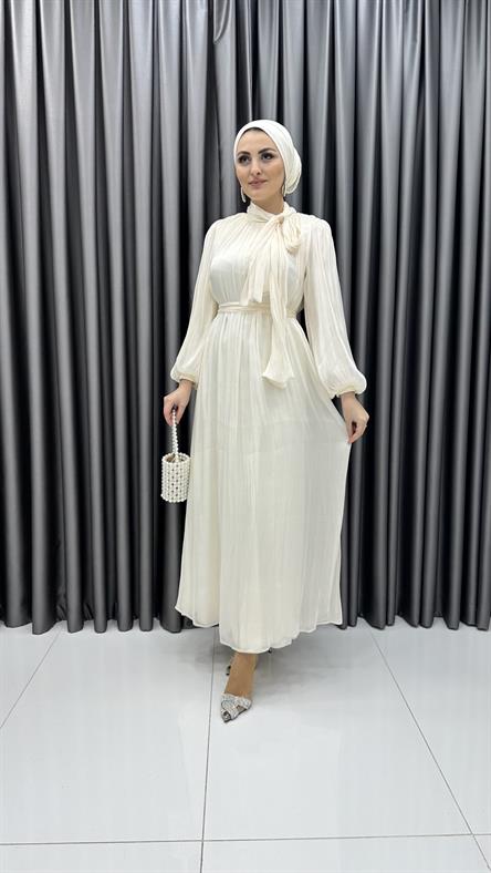 4728 H - DİANA Boyundan Bağlama Detaylı Balon Kollu Janjan Kumaş Abiye Elbise-Ekru