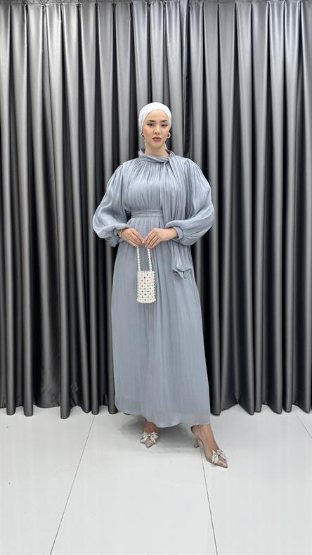 4728 H - DİANA Boyundan Bağlama Detaylı Balon Kollu Janjan Kumaş Abiye Elbise-Mavi