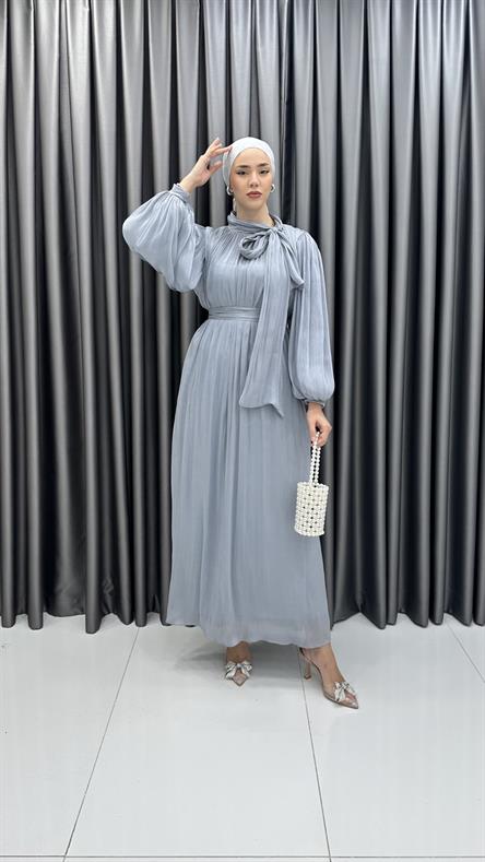 4728 H - DİANA Boyundan Bağlama Detaylı Balon Kollu Janjan Kumaş Abiye Elbise-Mavi