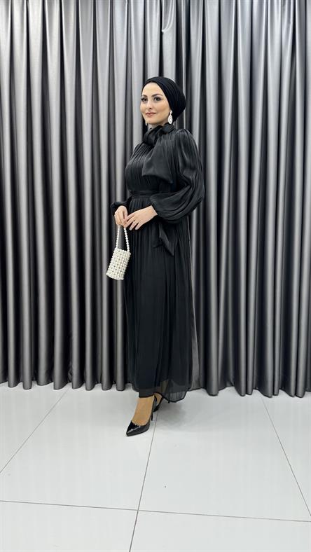 4728 H - DİANA Boyundan Bağlama Detaylı Balon Kollu Janjan Kumaş Abiye Elbise-Siyah
