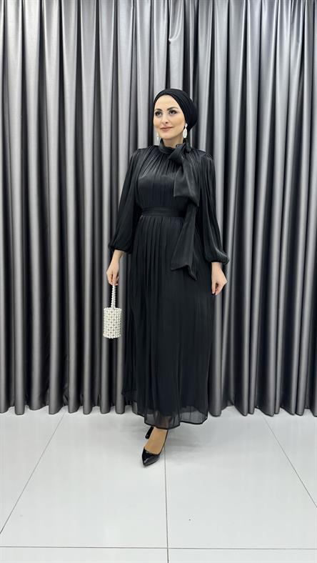 4728 H - DİANA Boyundan Bağlama Detaylı Balon Kollu Janjan Kumaş Abiye Elbise-Siyah