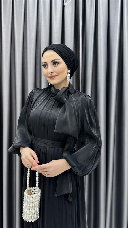 4728 H - DİANA Boyundan Bağlama Detaylı Balon Kollu Janjan Kumaş Abiye Elbise-Siyah