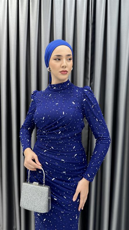 4740 H - NİRAN Drapeli ve Balık Kesimli Boncuklu Tül Abiye Elbise-Saks Mavi