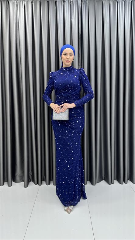 4740 H - NİRAN Drapeli ve Balık Kesimli Boncuklu Tül Abiye Elbise-Saks Mavi