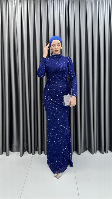 4740 H - NİRAN Drapeli ve Balık Kesimli Boncuklu Tül Abiye Elbise-Saks Mavi