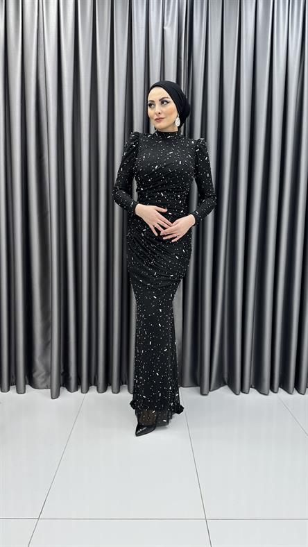 4740 H - NİRAN Drapeli ve Balık Kesimli Boncuklu Tül Abiye Elbise-Siyah