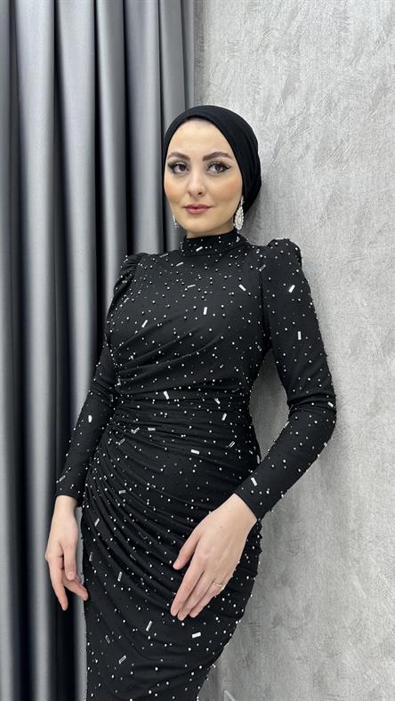 4740 H - NİRAN Drapeli ve Balık Kesimli Boncuklu Tül Abiye Elbise-Siyah