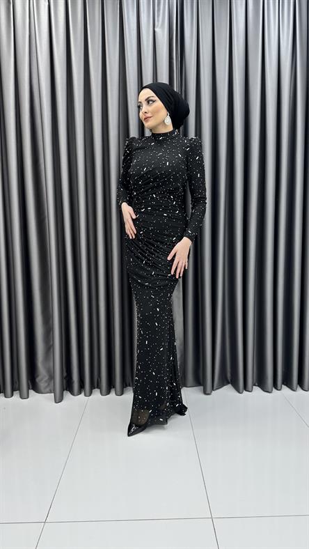 4740 H - NİRAN Drapeli ve Balık Kesimli Boncuklu Tül Abiye Elbise-Siyah