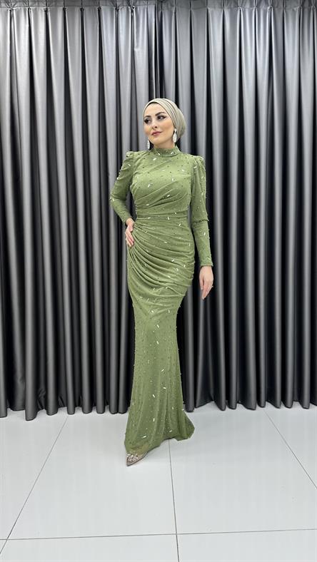 4740 H - NİRAN Drapeli ve Balık Kesimli Boncuklu Tül Abiye Elbise-Yağ Yeşili