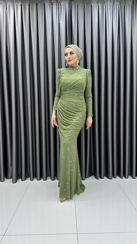 4740 H - NİRAN Drapeli ve Balık Kesimli Boncuklu Tül Abiye Elbise-Yağ Yeşili