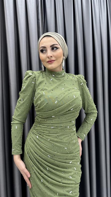 4740 H - NİRAN Drapeli ve Balık Kesimli Boncuklu Tül Abiye Elbise-Yağ Yeşili