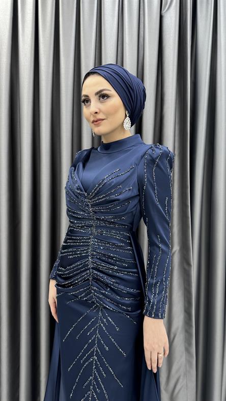 4746 H - MAYA Ek Etek ve Boncuk İşleme Detaylı Karpuz Kollu Saten Abiye Elbise-Lacivert