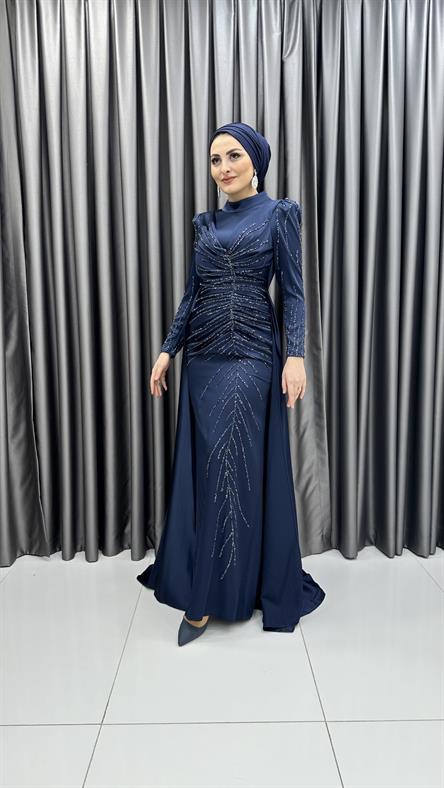 4746 H - MAYA Ek Etek ve Boncuk İşleme Detaylı Karpuz Kollu Saten Abiye Elbise-Lacivert