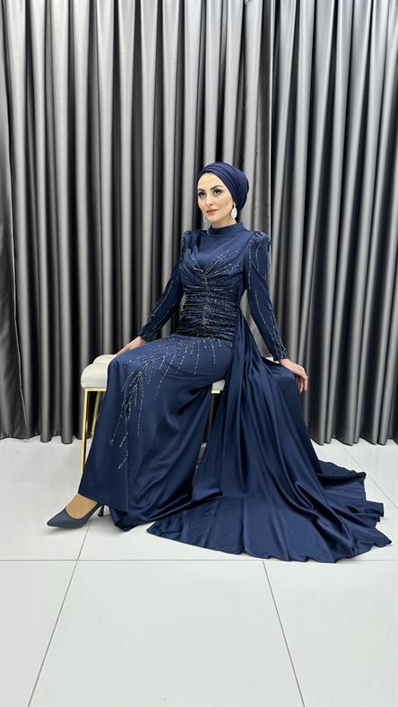 4746 H - MAYA Ek Etek ve Boncuk İşleme Detaylı Karpuz Kollu Saten Abiye Elbise-Lacivert