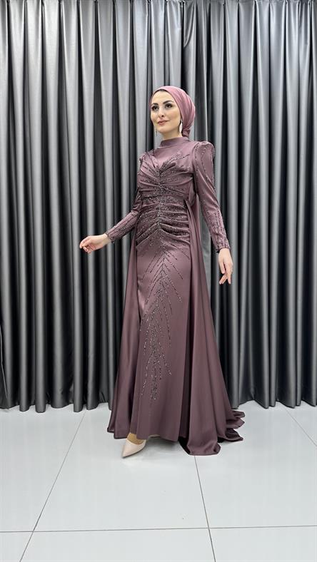 4746 H - MAYA Ek Etek ve Boncuk İşleme Detaylı Karpuz Kollu Saten Abiye Elbise-Marsala