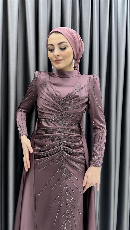 4746 H - MAYA Ek Etek ve Boncuk İşleme Detaylı Karpuz Kollu Saten Abiye Elbise-Marsala