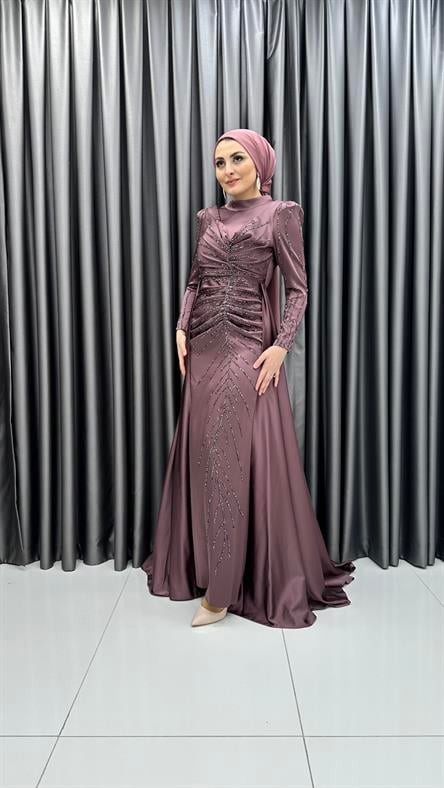 4746 H - MAYA Ek Etek ve Boncuk İşleme Detaylı Karpuz Kollu Saten Abiye Elbise-Marsala