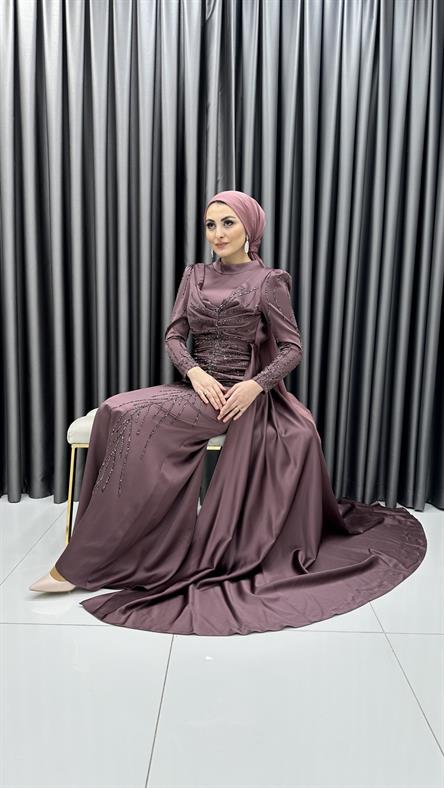 4746 H - MAYA Ek Etek ve Boncuk İşleme Detaylı Karpuz Kollu Saten Abiye Elbise-Marsala