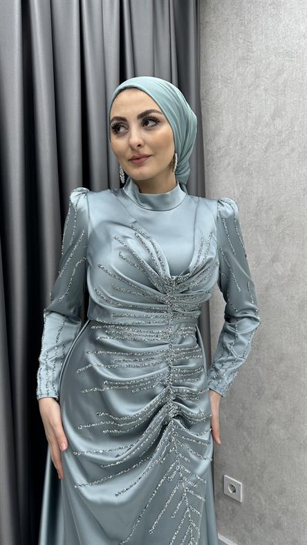 4746 H - MAYA Ek Etek ve Boncuk İşleme Detaylı Karpuz Kollu Saten Abiye Elbise-Mavi